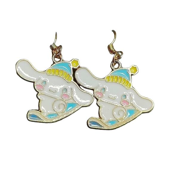 Sanrio Cinnamaroll Snow Boarding Gold Dangle Earrings - Picture 1 of 2